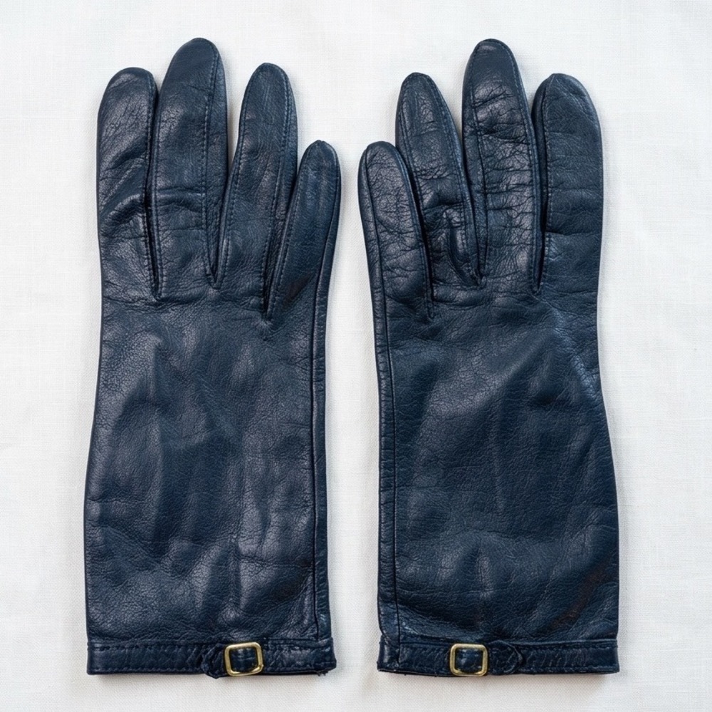 Lord & Taylor Vtg Navy Blue Leather Gloves Gold Buckle Antron Nylon Lined Sz 7.5